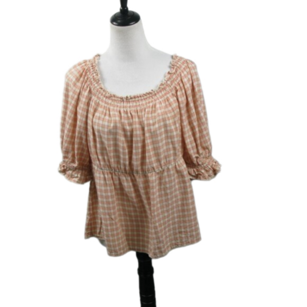 Old Navy Pink/White Plaid Baby Doll Blouse Size Large
